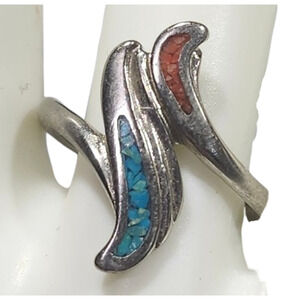 Vtg Native Sterling Silver Turquoise Coral Chip Chevron Zig Zag Ring Size 5
